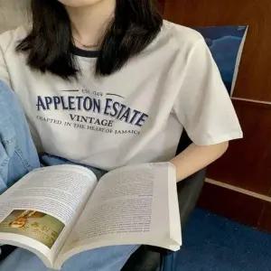 여성 3컬러 여름 라운드 레터링 세미크롭 반팔티셔츠