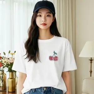 ( )여자 여름 체리 프린팅 면 반팔 티셔츠 여성 흰 티