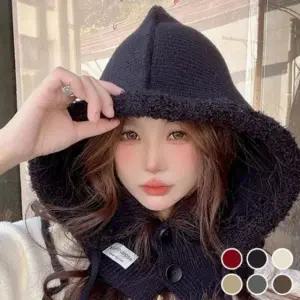 클래식 디자인 귀여운 뽀글이 겨울 니트 단추 넥워머 후드 바라클라바 모자 넥워머 방한용품 페이크 후드