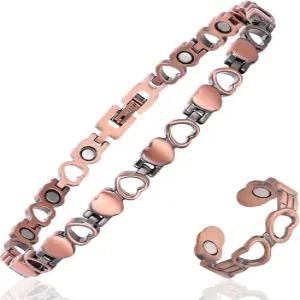 여성용 MagEnergy 구리 발목 팔찌 및 림프 배액 링 99.99 순수 자석 발찌 3500 가우스 조절 가능(심장