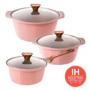 글램레트로 인덕션 냄비3종세트+유리뚜껑3종(편수18+양수20+24)인디핑크