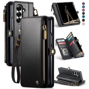 삼성 갤럭시 Z 폴드 7/ 7 지갑 케이스, RFID 차단 10 카드 홀더, 패션 소프트 PU 가죽 마그네틱 스냅 플립 지퍼 손목 스트랩 폰 5G, 블랙
