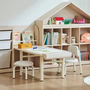 한샘 샘키즈 키즈테이블 스퀘어형+등받이 의자+낮은 멀티장 전면책장형 세트