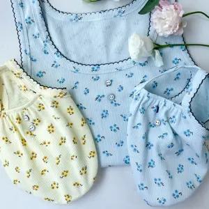 강아지 꽃잎 항아리 나시티 블루 1P 소매 배색 여름