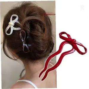 리본 U자 비녀 올림머리 헤어핀 뒤꽂이 간편 업스타일 머리 장식 데일리 출근
