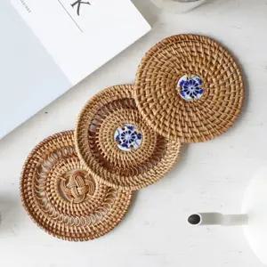 짜임 무늬 커피 잔 받침 컵 라탄 티 코스터/소품/음료/차/머그/물기/흡수/방수/논슬립/미끄럼/방지/회사