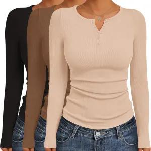 에쿠아르 여성용 긴팔 셔츠 3팩 헨리 버튼 다운 탑 골지 슬림 핏 기본 레이어 소프트 써멀 티