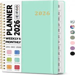 2026 플래너 주간 및 월간 캘린더 플래너북 2026년 1월 - 12월 탭 노트 페이지가 있는 하드커버 스파이럴