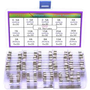 QBGTFAK 250pcs Quick Blow Glass Tube Fuse Assorted Kit 250V fuses 0.5A 1.5A 2.5A 3A 4A 7A 10A 15A