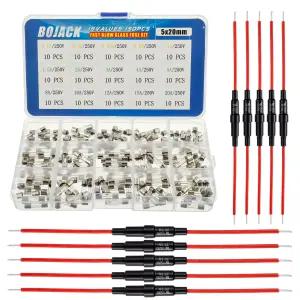 BOJACK 5x20mm 퓨즈 홀더 인라인 나사 유형 16AWG 레드 와이어 + 15개 값 150개 고속 송풍 유리 250V 0.1