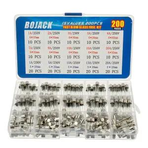 BOJACK 15 가치 200개 패스트 블로우 유리 퓨즈 모음 키트 5x20mm 250V 1 5 10 20A 6x30mm 2 3 6 7 8 앰프