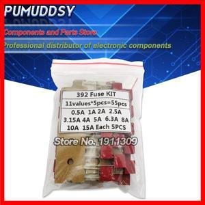 55 개/대 스퀘어 플라스틱 퓨즈 구색 키트 392 0.5A 1A 2A 4A 6.3A 8A 250V 슬로우 튜브 세트