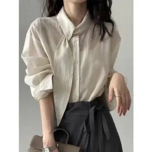 여성 긴팔 블라우스 리본 타이 오피스룩 레이스셔츠 셔링 루즈핏 오버핏 하객룩 새틴