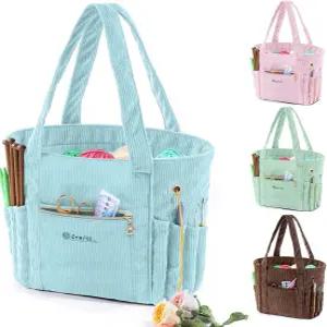 마이배깅 코듀로이 크로셰 백 11.5인치 대형 실 수납 토트 그로밋 바늘 홀더 - 후크 액세서리 도구 및