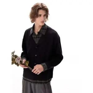 쉬헐크 하프 블랙 남성 남친 빈티지 투피스 코트 봄가을 휴가 패치 체크 카디건 자켓 KKE3