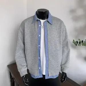 쉬헐크 남친 남성 하프 가을 페이크 투 카디건 코트 체크 재킷 후드 KKE3