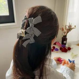 더블 리본 체크 집게핀 헤어핀 헤어집게