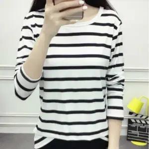 여성 긴팔 단가라 티셔츠 봄 면 스트라이프 티