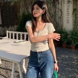 여자 3컬러 데일리 여름 크롭 슬림 단추 반팔티셔츠