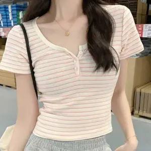 여름 옷 여성 면 반팔 티셔츠 단추 크롭 단가라 코디