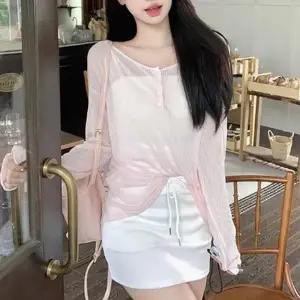 여자 시스루 스타일 여름 스트랩 루즈핏 티셔츠