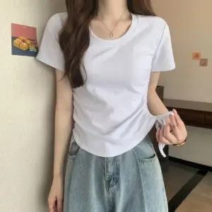 여성 2컬러 유니크 여름 스트링 양옆 셔링 반팔티셔츠