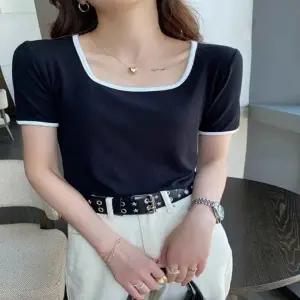 여성 4컬러 여름 스퀘어넥 배색 냉감 골지 반팔티셔츠