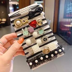 ( )진주 큐빅 헤어밴드 팔찌 머리끈 고무줄 11개 (블랙)