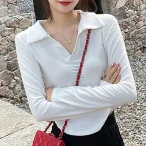 오픈 카라 브이넥 긴팔 골지 디자인 깔끔하고 고급스러운 목선 강조 간절기 티셔츠 레이어드