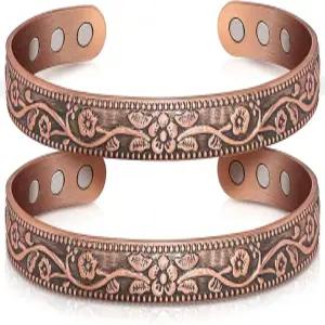 여성용 Auramag 구리 팔찌 99.99 순동 커프 뱅글 3500 가우스 자석 선물 상자 포함 조절 가능한 주얼리(2개