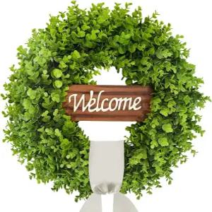 ChrisXiao 20인치 현관문용 박스우드 화환 연중 내내 웰컴 사인 보우와 베이지색 새시가 있는 농가 그린