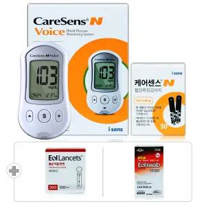 케어센스N 보이스 당뇨 검사 혈당측정기 측정지 세트[혈당계+시험지 60매+침110개+솜100매]