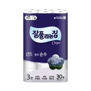 잘풀리는집 명작 순수 3겹 무형광 화장지 30m, 30롤, 1팩