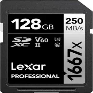 Lexar 128GB 프로페셔널 1667x SD 카드 UHS-II C10 U3 V60 풀 HD 4K 최대 250MB/s 읽기 SDXC 메모리