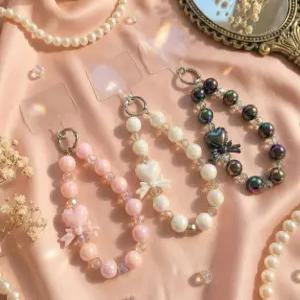 여성 스마트폰 진주 비즈 하트 손목 스트랩 핸드폰 키링 고리