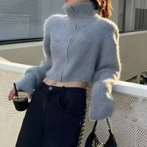 여성 HP98EV79 3컬러 심플 가을 겨울 폴라집업 크롭 니트가디건