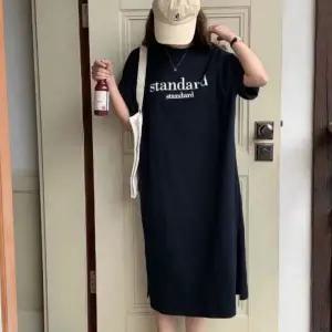 여성 HH77NP28 베이직 영문 레터링 신축성 좋은 반팔 롱 원피스