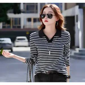 씨플  NEW 여성 폴로 골프 긴팔티 줄무늬티셔츠 브이넥티긴팔 여자 봄 티셔츠 여성골프티셔츠 니트긴팔티