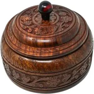 아주니 나무 향신료 상자 8x8인치 - 상단에 조각된 뚜껑이 있는 장식용 원형 마살라 다바 정리함 4개의