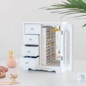 여아용 ZGZD 화이트 주얼리 박스 원목 메이크업 및 액세서리 정리함 반지 보관함 서랍 4개와 스윙 도어