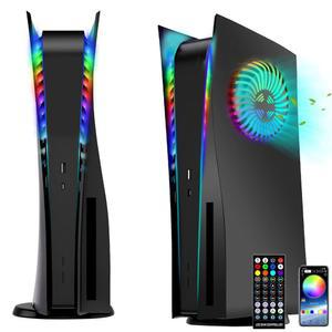 냉각 통풍구 LED 조명이 있는 PS5 페이스 플레이트용, Megadream 쿨링 커버 교체 플레이트 쉘 액세서리 긁힘 방지 방진 RGB 조명 패키지 플레이스테이션 5 디스크 에디션용 (블랙)