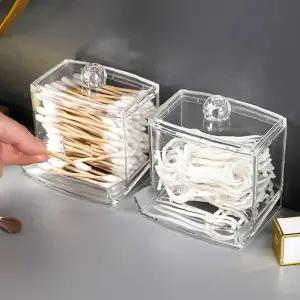 화장대 수납용 투명 아크릴 면봉 화장솜 이중 칸막이 뚜껑형 정리 보관 케이스