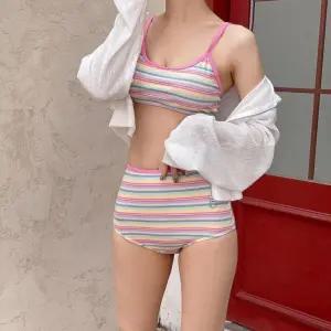 여자 레인보우 줄무늬 하이웨스트 키치 수영복_3