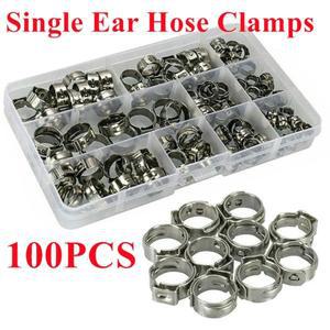 100pcs 단일 귀 호스 클램프 (5.3-15.3mm) 자동차/가전 제품/파이프/연료 라인 용 304 스테인레스 스틸 O