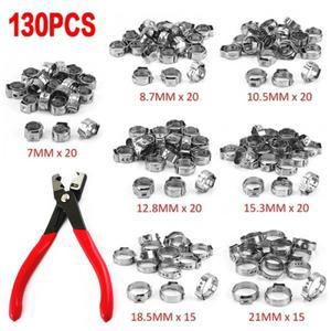 130PCs 단일 귀 스텝리스 호스 클램프 +1PC 클립 플라이어 7-21mm 304 스테인리스 스틸 고정 링