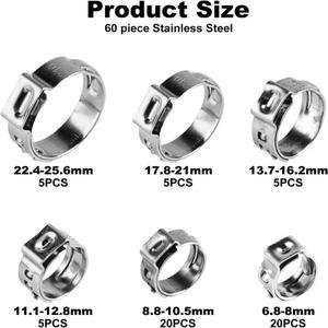 60pcs 스테인레스 스틸 단일 귀형 호스 클램프 세트 조절 가능 기어 파이프 다양한 밀봉용 링