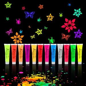 UV 페이스 바디 페인트 키트 - 네온 컬러 12가지(각 1온스) + 스텐실 60개 브러시 3개 블랙라이트 글로우