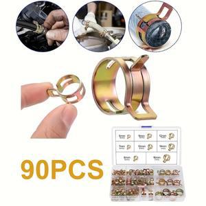 90개 중형 스프링 호스 클램프 키트 6mm-16mm 조절 가능 밴드 액션 클립 연료 및 공기 파이프용 내구성 있