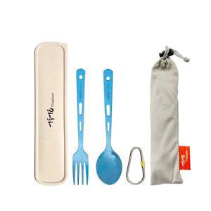 TiTo 티타늄 식기 세트 야외 캠핑 초경량 스푼 나이프 포크 백팩, 하이킹, 여행, 상자와 천 가방이 있는 집 (블루 세트)
