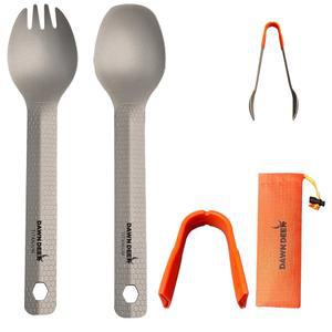 새벽 사슴 3 in 1 티타늄 초경량 식기 세트, 긴 손잡이 숟가락 및 포크, 캠핑용 집게, 가방 포함 여행 도구 (16CM)